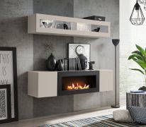 Meuble-paroi / Couleur : Cachemire / 1 vitrine suspendue / 1 meuble TV avec cheminée au bioéthanol / Dimensions : 160 x 40 x 150 cm / éclairage LED inclus