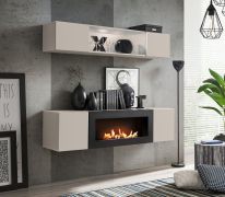 Meuble-paroi / Couleur : Cachemire / Dimensions : 160 x 40 x 150 cm / 1 vitrine suspendue / 1 meuble TV avec cheminée au bioéthanol / Éclairage LED inclus