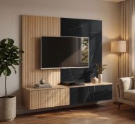 Meuble TV avec panneau mural / Couleur : Chêne Crémone / Marbre Noir / Face striée / Fonction push-to-open / 148 x 35 x 160 cm / Pour le salon