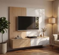 Meuble TV avec panneau mural / Couleur : Chêne Graphite / Marbre Blanc / Face striée / Fonction Push-to-open / 240 x 40 x 160 cm / Pour le salon