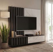 Meuble TV avec panneau mural / Couleur : Chêne Graphite / Marbre Blanc / Face striée / Pour le salon / 148 x 35 x 160 cm / Fonction Push-to-open