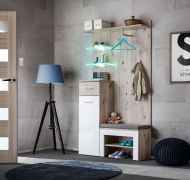 Penderie moderne Sviland 02 avec coussin d’assise | Espace optimisé | Éclairage LED | 200 x 100 x 35 cm | chêne Wellington / blanc