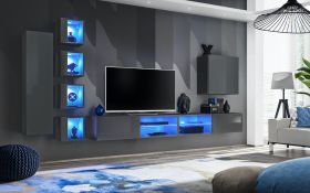 Ensemble mural salon suspendu Volleberg 83 | Gris moderne | 150 x 280 x 40 cm | Push-to-open