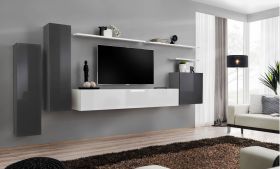 Meuble mural salon Balestrand 08 gris/blanc | 160 x 330 x 40 cm | Push-to-open | Rangement moderne