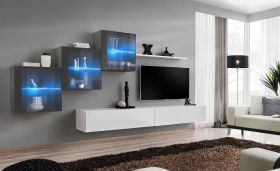 Meuble mural Balestrand 312 | Design unique | 150 x 330 x 40 cm | 5 portes | Gris/Blanc