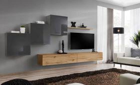 Ensemble mural design moderne Balestrand 160 | Gris & chêne | 150 x 330 x 40 cm | 10 compartiments, 5 portes