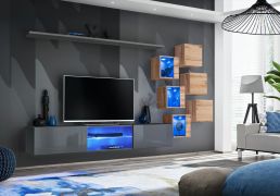 Mur TV design Volleberg 16 | Gris & chêne naturel | 140 x 260 x 40 cm | Éclairage LED bleu