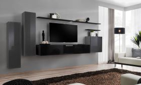 Meuble mural salon Balestrand 09 | Gris & Noir | 160 x 330 x 40 cm | 4 portes élégantes