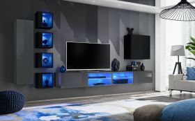 Meuble mural salon Volleberg 89 | Noir & Gris | 150 x 280 x 40 cm | Push-to-Open