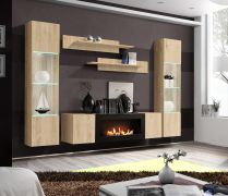 Meuble-paroi / incl. éclairage LED / Couleur : Chêne Hickory Jackson / 2 vitrines suspendues / 1 élément TV avec cheminée au bioéthanol / 2 étagères murales