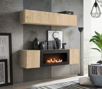 Meuble-paroi / Couleur : Chêne Hickory Jackson / 1 armoire murale / 1 meuble TV avec cheminée au bioéthanol / Dimensions : 160 x 40 x 150 cm / Fonction Push-to-open