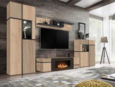 Meuble-paroi / Fonction push-to-open / Couleur : Chêne Hickory Jackson / Noir / Cheminée au bioéthanol / Dimensions : 330 x 45 x 197 cm / Éclairage LED inclus / 1 meuble bas TV / 2 vitrines / 1 tablette murale