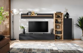 Meuble-paroi / Couleur : Chêne Ribbeck / Noir / Fonction Push-to-open / Dimensions : 240 x 40 x 127 cm / 11 compartiments / 1 armoire / 1 étagère / 1 meuble TV inférieur / 1 tablette murale