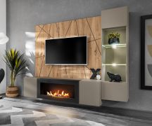 Meuble-paroi / incl. Éclairage LED / Couleur : Gris Perla / Chêne Artisan / Fonction push-to-open / 200 x 40 x 158 cm / 1 armoire basse TV / 1 vitrine