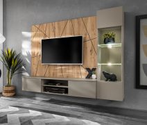 Meuble-paroi / Couleur : Gris argile / Chêne Artisan / Fonction push-to-open / 200 x 35 x 148 cm / incl. éclairage LED / 1 vitrine / 1 armoire basse TV / 1 panneau arrière
