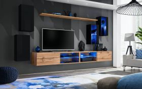 Meuble TV mural Volleberg 78 | Push-to-open | Noir & chêne Wotan | 150 x 280 x 40 cm | 6 portes