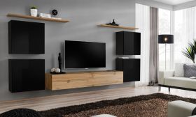 Meuble mural Balestrand 62 | Noir & chêne Wotan | 150 x 320 x 40 cm | 5 portes, design moderne