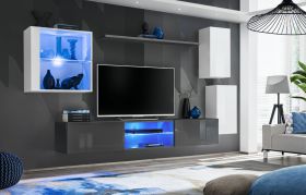 Meuble mural salon Volleberg 39 | Blanc & Gris | 140 x 250 x 40 cm | LED bleue