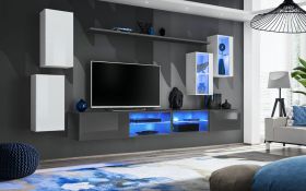 Mur TV Volleberg 71 blanc & gris | 150 x 280 x 40 cm | 2 meubles TV, design moderne