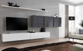 Meuble mural Balestrand 103 | Blanc / Gris | 150 x 340 x 40 cm | 8 compartiments | Design fonctionnel