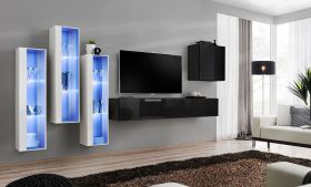 Mur de salon Balestrand 197 | Trois vitrines suspendues | Blanc / Noir | 160 x 330 x 40 cm | Grand espace de rangement
