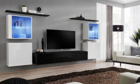 Ensemble mural salon Balestrand 213 | Style moderne | Blanc/Noir | 160 x 320 x 40 cm | 5 portes, 11 compartiments