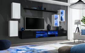 Ensemble mural salon Volleberg 69 | Design moderne | Blanc & Noir | 150 x 280 x 40 cm | 2 vitrines suspendues