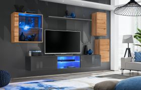 Mur TV salon Volleberg 47 avec LED | Chêne Wotan & Gris | 140 x 250 x 40 cm | Push-to-open