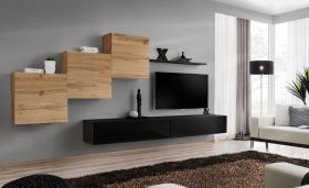Mur TV Balestrand 157 | chêne Wotan & noir | 150 x 330 x 40 cm | système Push-to-Open