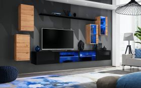 Meuble mural Volleberg 77 | Espace de rangement généreux | Chêne Wotan & Noir | 150 x 280 x 40 cm | Éclairage LED