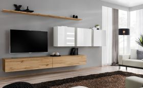 Mur de salon Balestrand 107 | Grand espace de rangement | Chêne wotan / Blanc | 150 x 340 x 40 cm | 8 compartiments