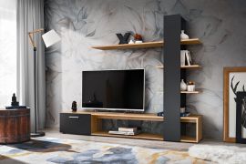 Meuble mural salon design Kinn 02 | Chêne Wotan & Noir brillant | 152 x 190 x 35 cm | Porte basculante
