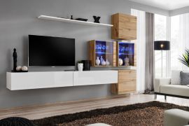 Mur de salon Balestrand 300 | Grand espace de rangement | Blanc / Chêne Wotan | 200 x 310 x 40 cm | Éclairage LED