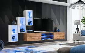 Meuble mural design moderne Volleberg 28 | Blanc & chêne Wotan | 120 x 210 x 40 cm | 5 portes