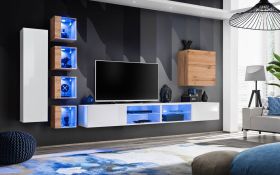 Meuble mural salon Volleberg 92 | Blanc & chêne | 150 x 280 x 40 cm | 8 portes élégantes