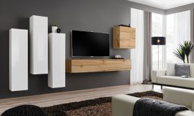 Meuble mural design Balestrand 44 | Blanc & chêne Wotan | 160 x 330 x 40 cm | 5 portes