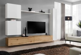 Mur de salon Balestrand 124 | Grand espace de rangement | 5 portes | Blanc / Chêne Wotan | 180 x 280 x 40 cm