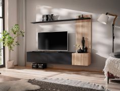 Meuble-paroi / Couleur : Noir / Chêne Hickory Jackson / Fonction Push-to-open / Dimensions : 180 x 40 x 130 cm / 1 Meuble bas TV / 1 Étagère murale