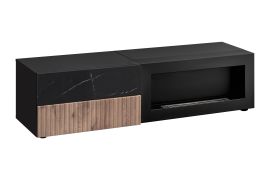 Meuble bas TV / Cheminée bio éthanol / Face striée / Couleur : Noir / Chêne Vicking / Marbre Noir / Fonction Push-to-open / 160 x 45 x 42 cm / 2 tiroirs