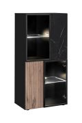Vitrine / Façade striée / Couleur : Noir / Chêne vicking / Marbre noir / 60 x 40 x 122 cm / Fonction push-to-open / Éclairage LED inclus / 8 compartiments