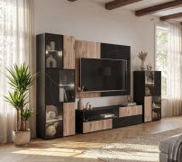 Meuble-paroi / Couleur : Chêne Vicking / Marbre Noir / Eclairage LED inclus / 280 x 45 x 182 cm / 2 vitrines / 1 armoire basse TV / 1 panneau mural / Fonction Push-to-open