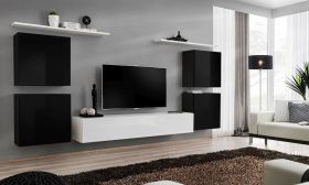 Meuble mural Balestrand 54 | Noir/Blanc | 150 x 320 x 40 cm | 5 portes | Rangement spacieux