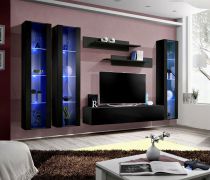 Meuble TV mural Hompland 28 noir | 170 x 260 x 40 cm | Éclairage LED bleu | Design moderne