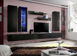 Meuble mural salon Hompland 56 noir | 170 x 320 x 40 cm | Push-to-open, LED bleue, design moderne