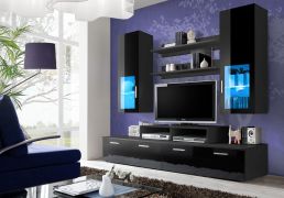 Mur de salon noir brillant Bjordal 59 | Grand espace de rangement | 190 x 200 x 45 cm | Design moderne