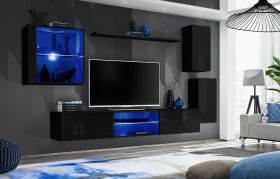 Mur TV Volleberg 34 noir | 140 x 250 x 40 cm | LED bleue intégrée | Design moderne