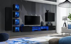 Mur TV Volleberg 82 noir | 150 x 280 x 40 cm | LED bleues | Design moderne et espace optimisé