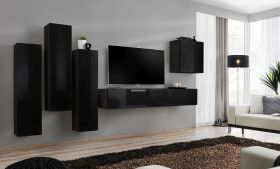 Meuble TV mural Balestrand 34 noir | 160 x 330 x 40 cm | 5 compartiments | Finition moderne