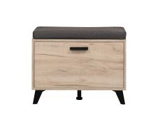 Banc avec espace de rangement Vracar 07, Couleur : Chêne gris / Gris, assise rembourrée, une porte basculante, deux compartiments, chants ABS, dimensions : 52,5 x 68 x 35 cm