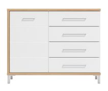 Commode 4 tiroirs Palanka 04 | Blanc brillant & chêne naturel | 1 porte, 2 niches | 87 x 108 x 40 cm | ABS